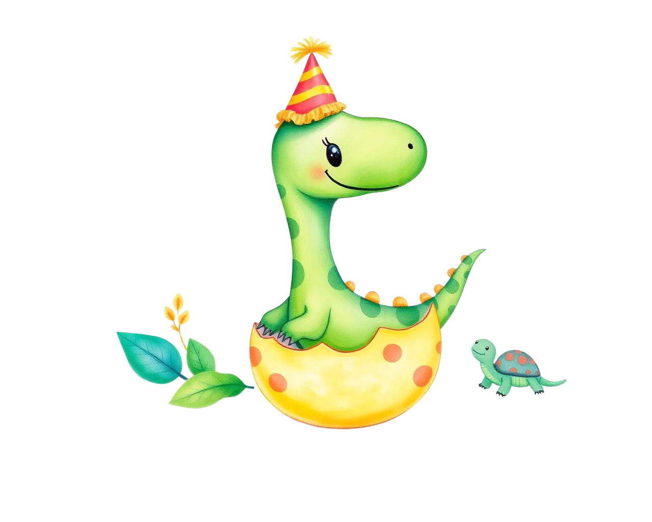 Cute baby dinosaur hatching from an egg with a party hat